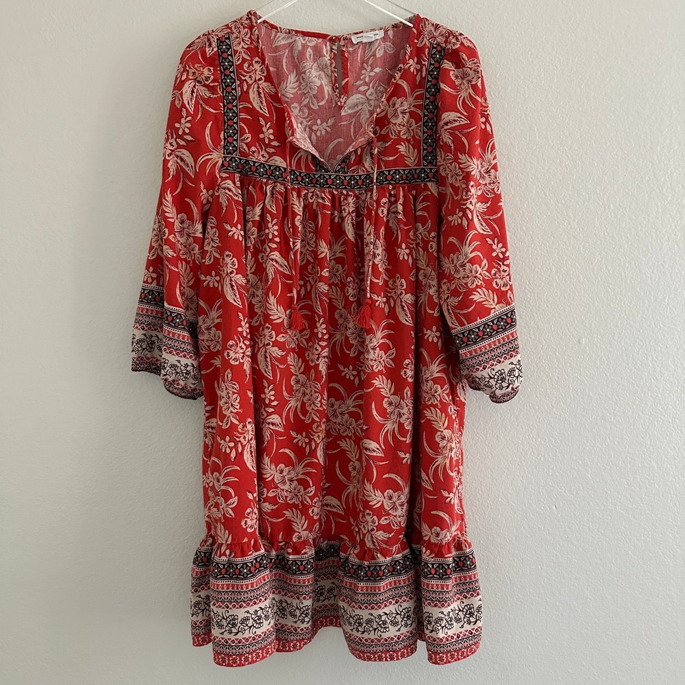 Beach Lunch Lounge Floral Dress XXL Red Orange Boho Tassel Ruffle WPD5026
